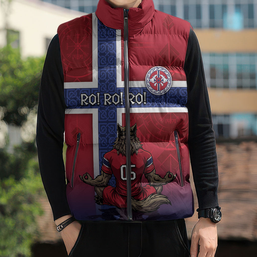 Custom Norway Football Sleeveless Puffer Jacket Ro Ro Meditating Viking Wolf