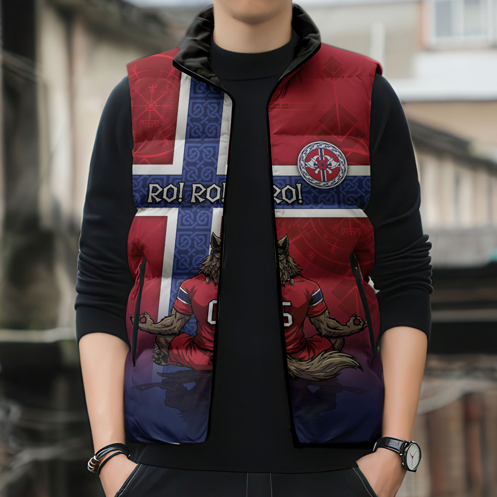 Custom Norway Football Sleeveless Puffer Jacket Ro Ro Meditating Viking Wolf