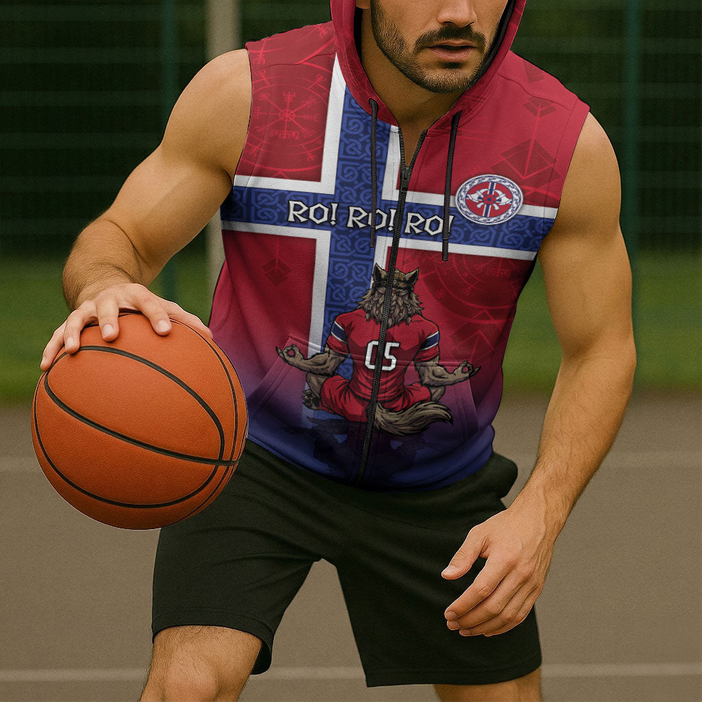 Custom Norway Football Sleeveless Zip Hoodie Ro Ro Meditating Viking Wolf
