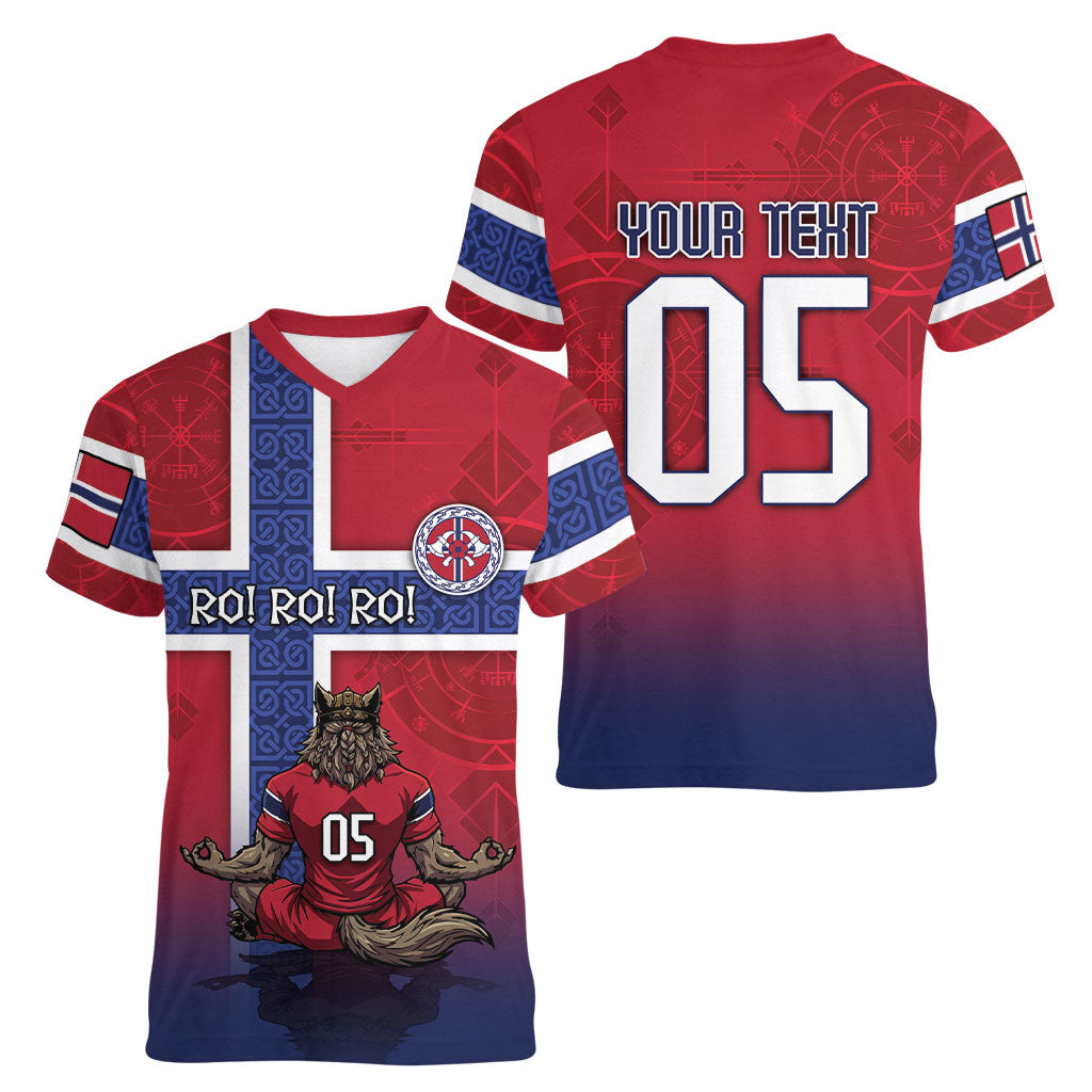 Custom Norway Football Women V-Neck T-Shirt Ro Ro Meditating Viking Wolf