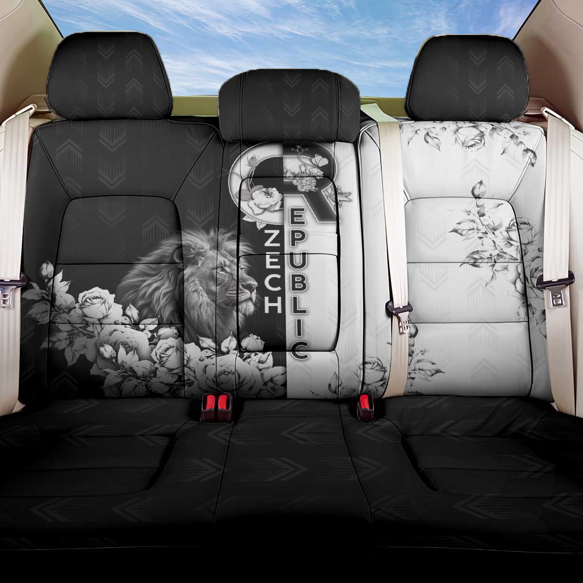Czech Republic Back Car Seat Cover White Lion With Rose - Wonder Print Shop
