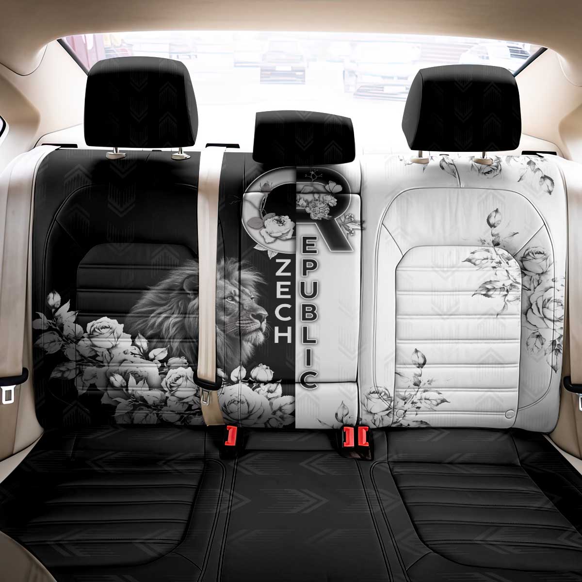 Czech Republic Back Car Seat Cover White Lion With Rose - Wonder Print Shop