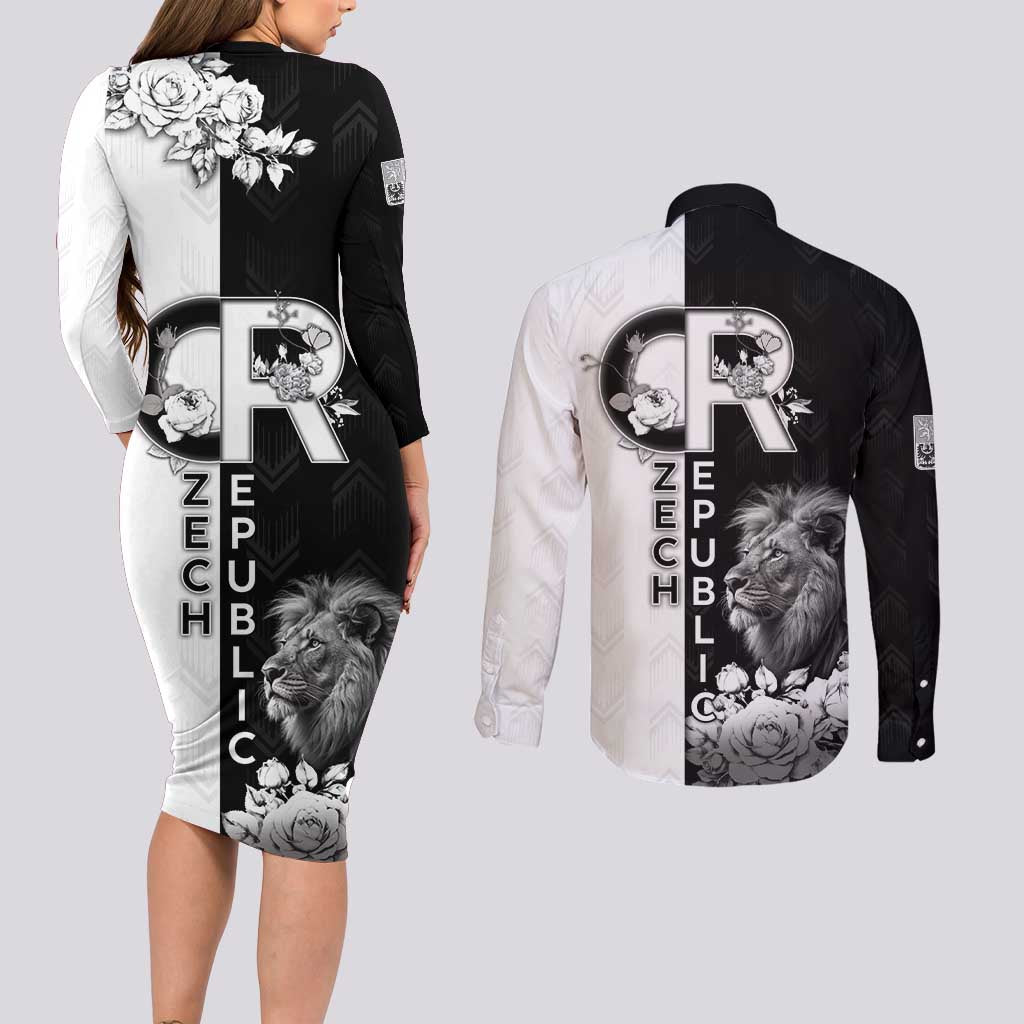 Czech Republic Couples Matching Long Sleeve Bodycon Dress and Long Sleeve Button Shirt White Lion With Rose - Wonder Print Shop