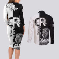 Czech Republic Couples Matching Long Sleeve Bodycon Dress and Long Sleeve Button Shirt White Lion With Rose - Wonder Print Shop