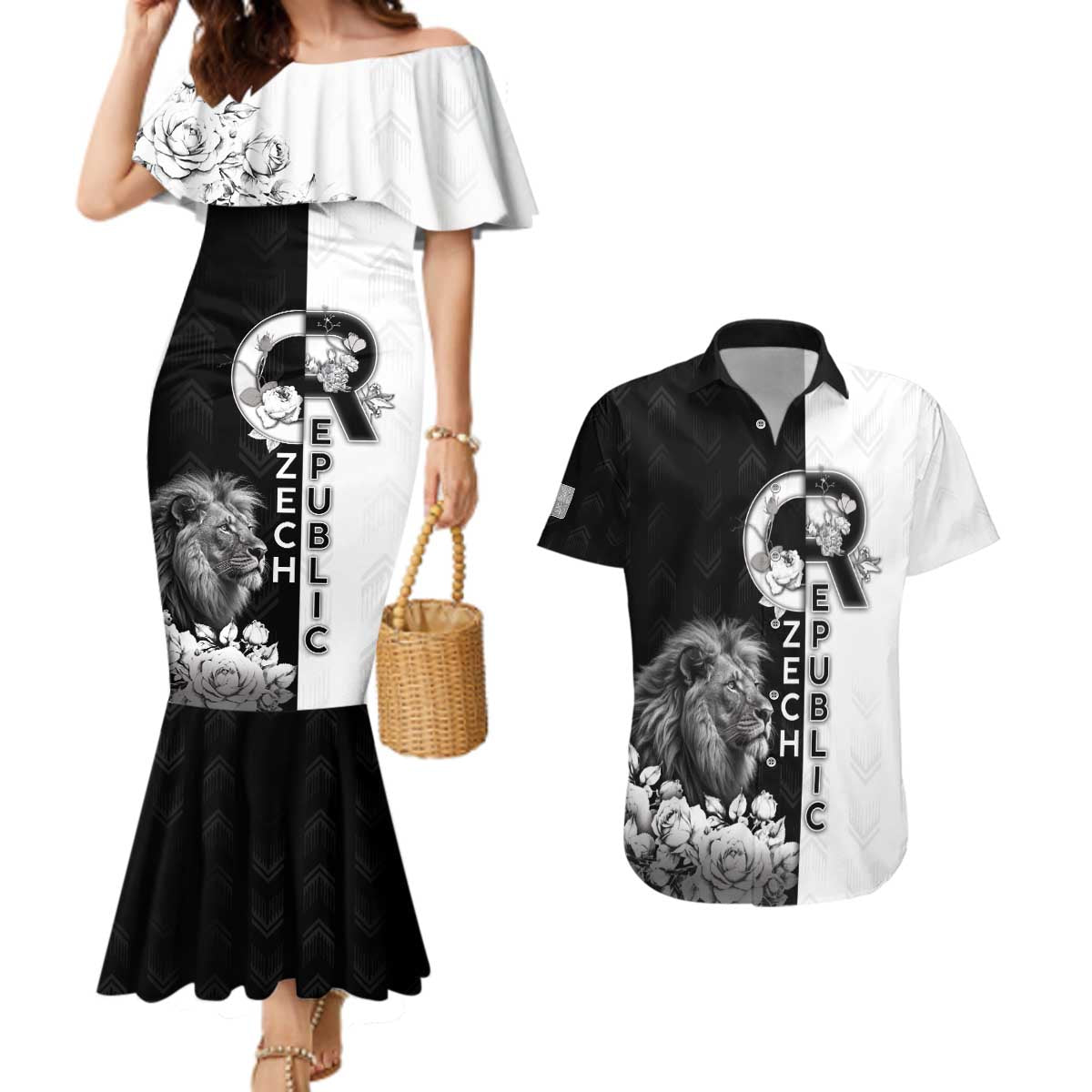 Czech Republic Couples Matching Mermaid Dress and Hawaiian Shirt White Lion With Rose - Wonder Print Shop
