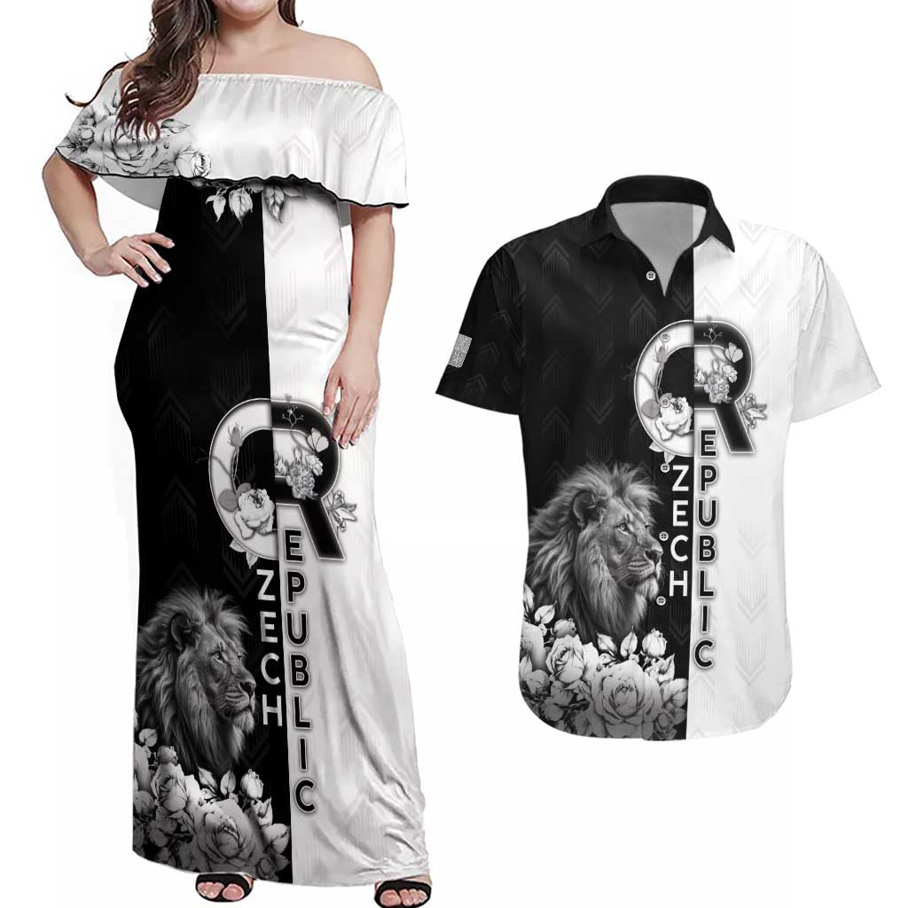 Czech Republic Couples Matching Off Shoulder Maxi Dress and Hawaiian Shirt White Lion With Rose - Wonder Print Shop