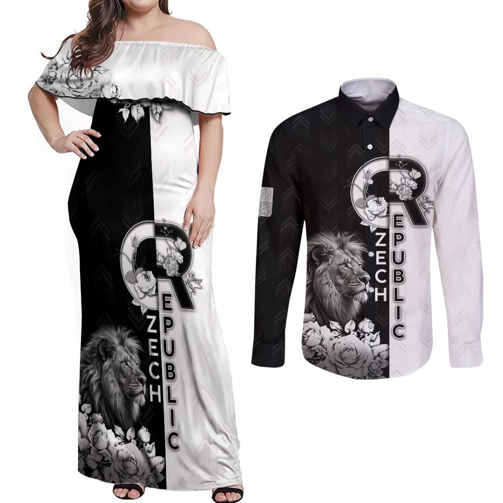 Czech Republic Couples Matching Off Shoulder Maxi Dress and Long Sleeve Button Shirt White Lion With Rose - Wonder Print Shop