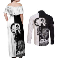 Czech Republic Couples Matching Off Shoulder Maxi Dress and Long Sleeve Button Shirt White Lion With Rose - Wonder Print Shop