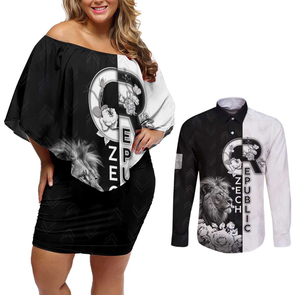 Czech Republic Couples Matching Off Shoulder Short Dress and Long Sleeve Button Shirt White Lion With Rose - Wonder Print Shop