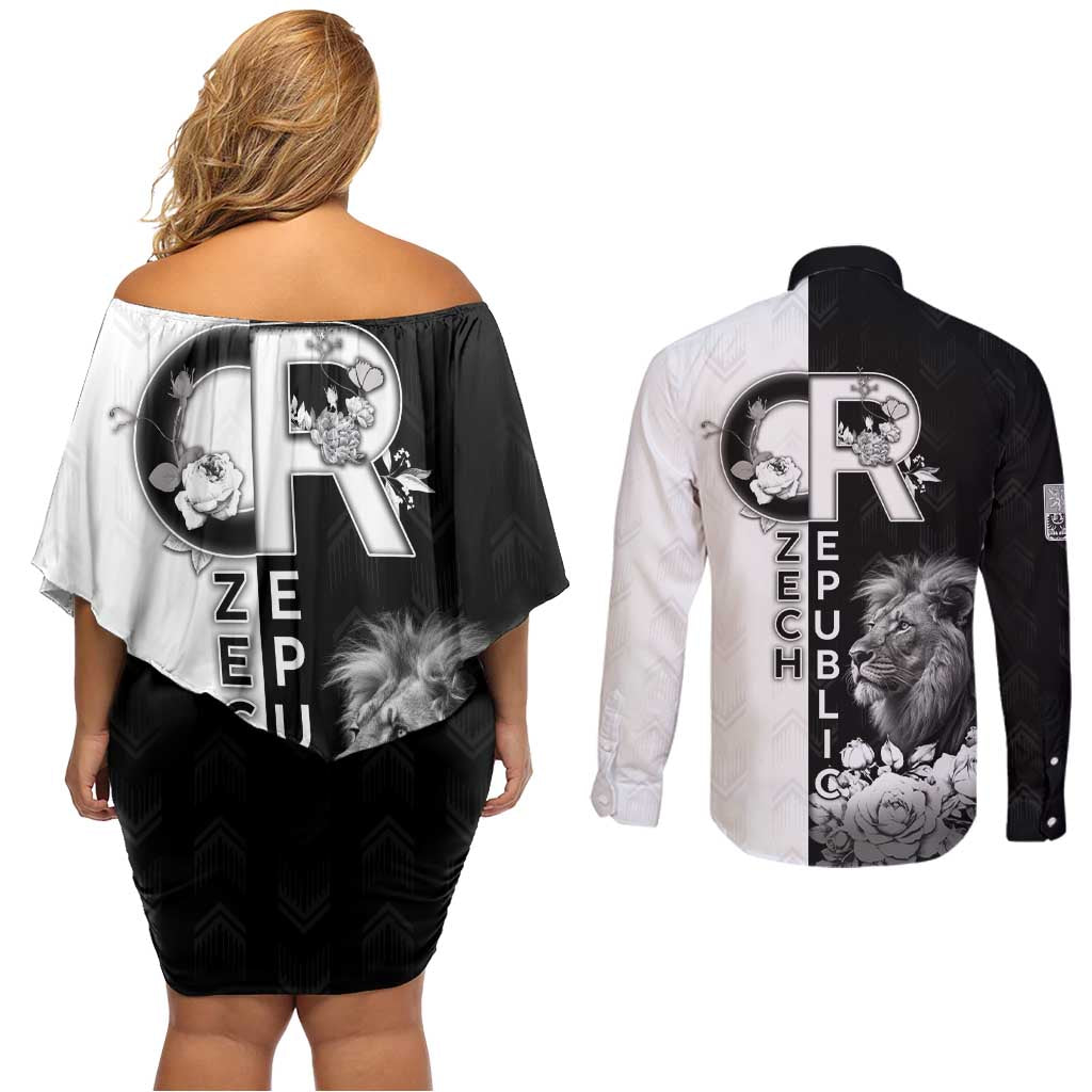 Czech Republic Couples Matching Off Shoulder Short Dress and Long Sleeve Button Shirt White Lion With Rose - Wonder Print Shop