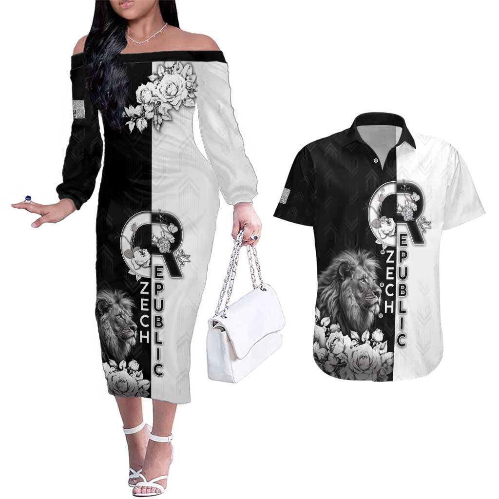 Czech Republic Couples Matching Off The Shoulder Long Sleeve Dress and Hawaiian Shirt White Lion With Rose - Wonder Print Shop
