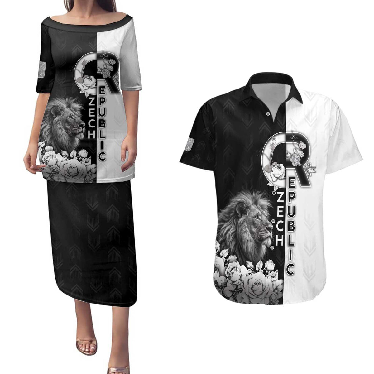 Czech Republic Couples Matching Puletasi and Hawaiian Shirt White Lion With Rose - Wonder Print Shop