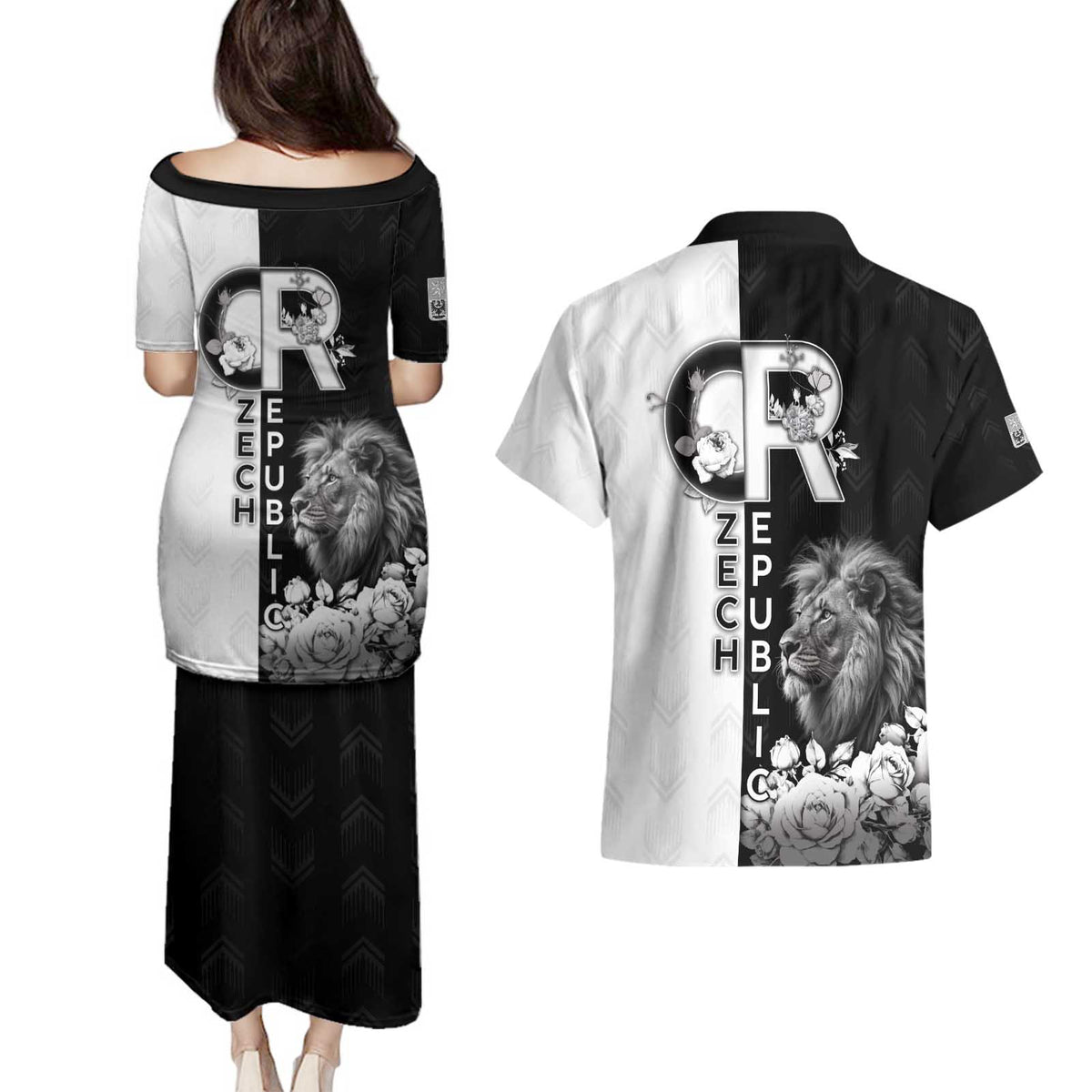 Czech Republic Couples Matching Puletasi and Hawaiian Shirt White Lion With Rose - Wonder Print Shop