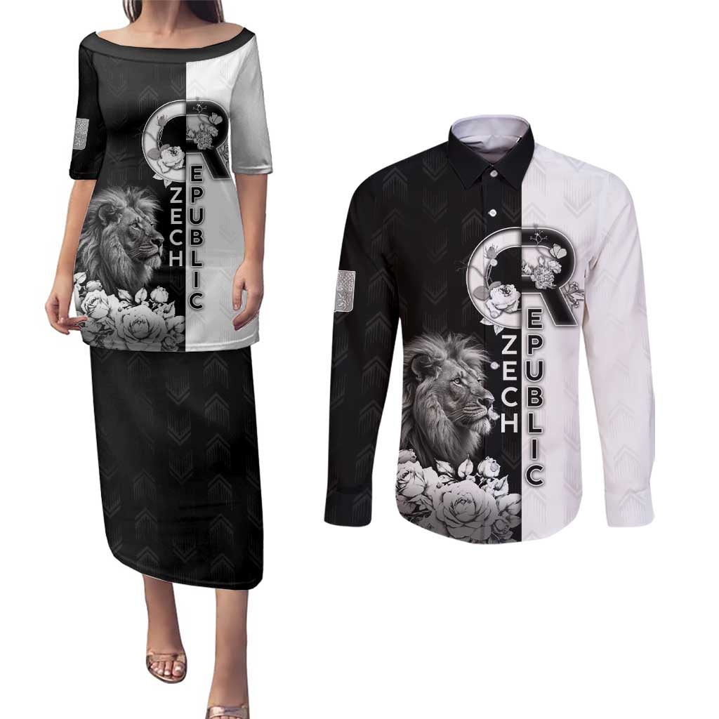 Czech Republic Couples Matching Puletasi and Long Sleeve Button Shirt White Lion With Rose - Wonder Print Shop