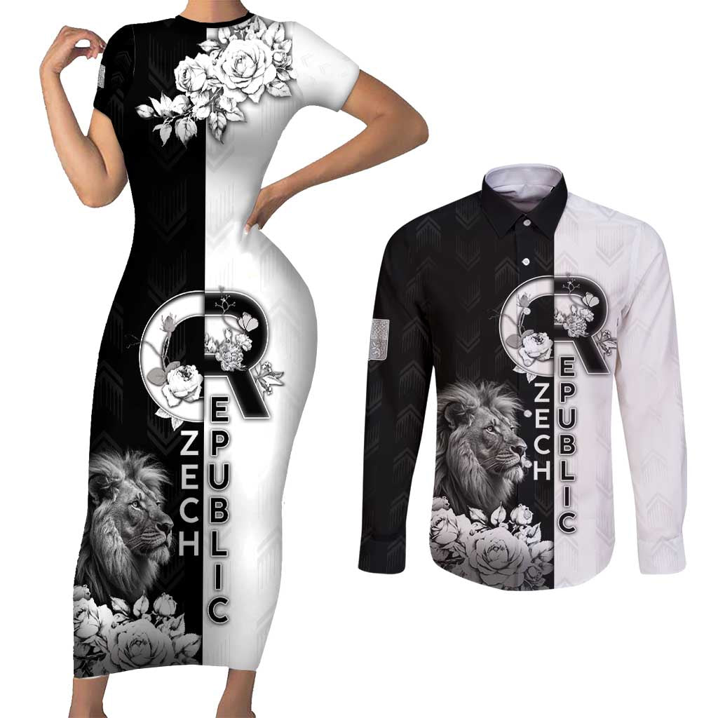 Czech Republic Couples Matching Short Sleeve Bodycon Dress and Long Sleeve Button Shirt White Lion With Rose - Wonder Print Shop