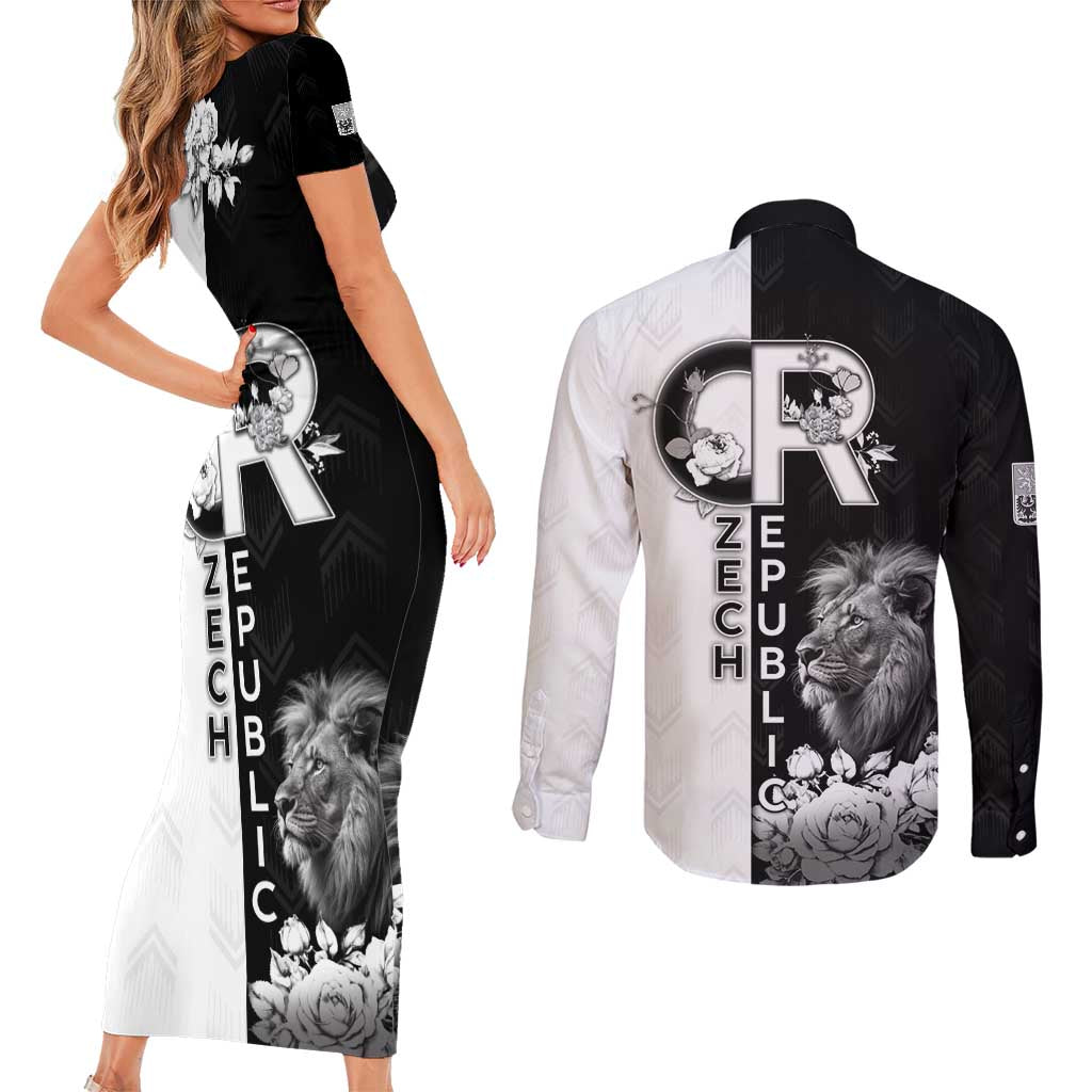 Czech Republic Couples Matching Short Sleeve Bodycon Dress and Long Sleeve Button Shirt White Lion With Rose - Wonder Print Shop