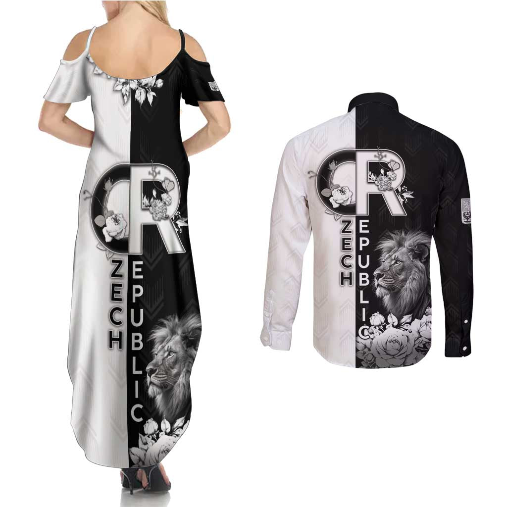 Czech Republic Couples Matching Summer Maxi Dress and Long Sleeve Button Shirt White Lion With Rose - Wonder Print Shop