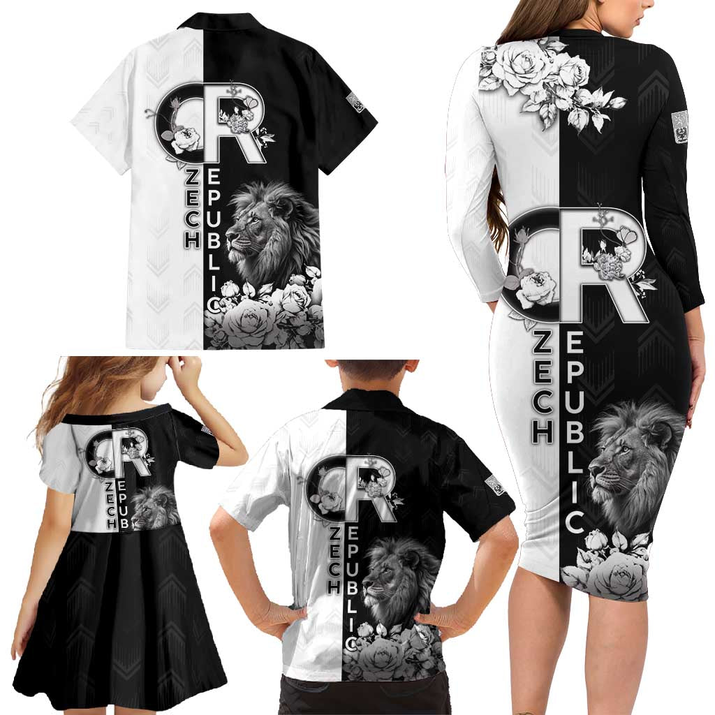 Czech Republic Family Matching Long Sleeve Bodycon Dress and Hawaiian Shirt White Lion With Rose - Wonder Print Shop