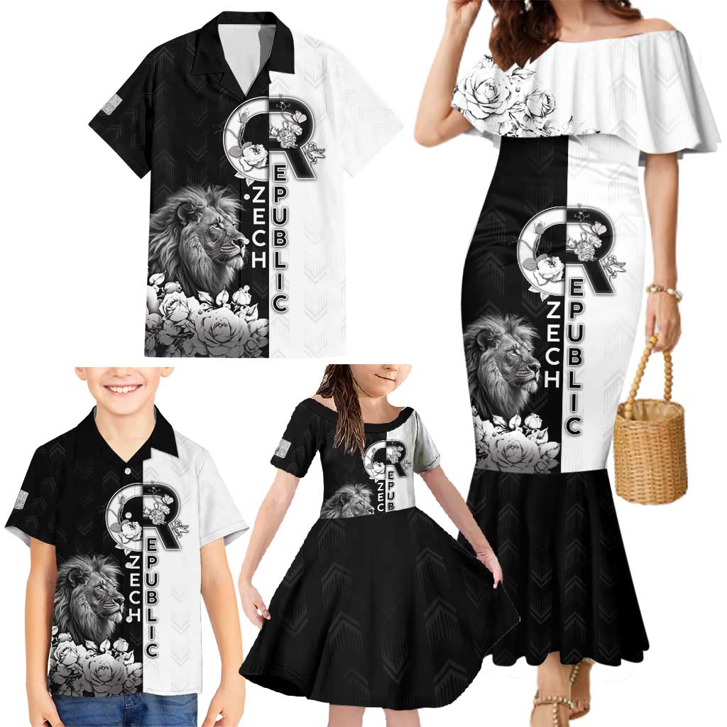 Czech Republic Family Matching Mermaid Dress and Hawaiian Shirt White Lion With Rose - Wonder Print Shop