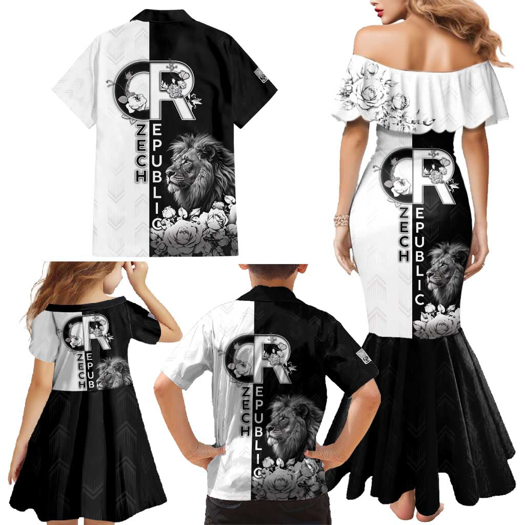 Czech Republic Family Matching Mermaid Dress and Hawaiian Shirt White Lion With Rose - Wonder Print Shop