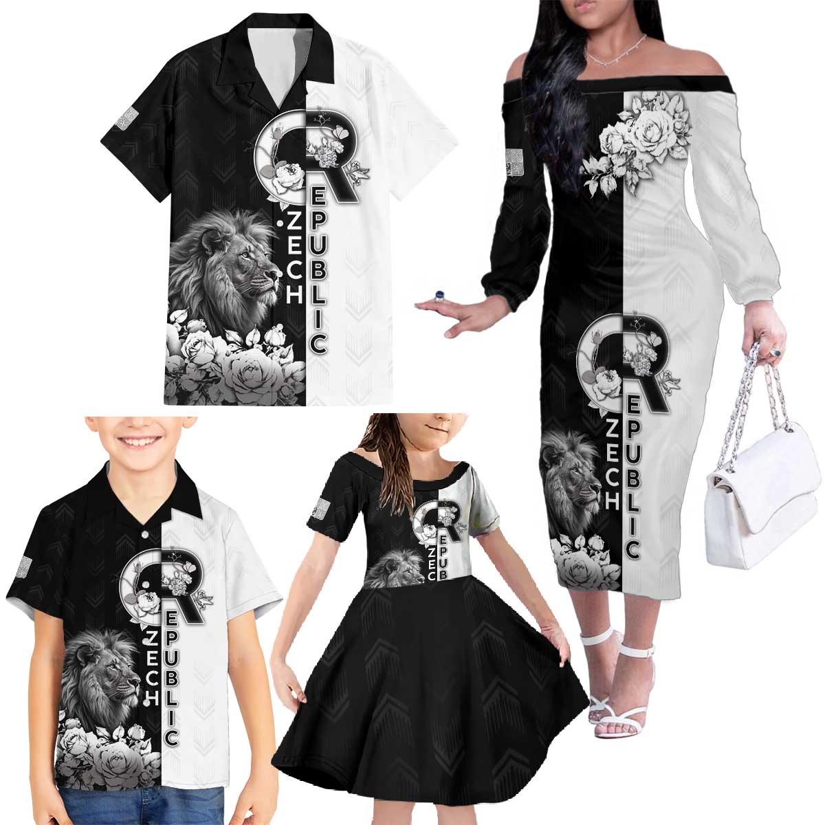 Czech Republic Family Matching Off The Shoulder Long Sleeve Dress and Hawaiian Shirt White Lion With Rose - Wonder Print Shop