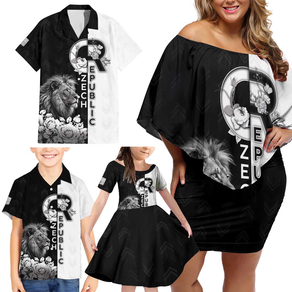 Czech Republic Family Matching Off Shoulder Short Dress and Hawaiian Shirt White Lion With Rose - Wonder Print Shop