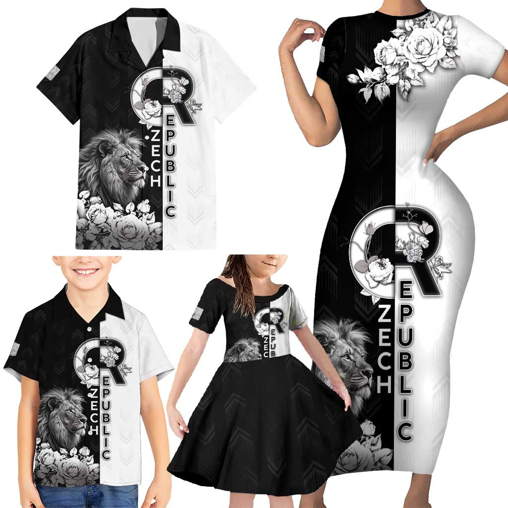 Czech Republic Family Matching Short Sleeve Bodycon Dress and Hawaiian Shirt White Lion With Rose - Wonder Print Shop