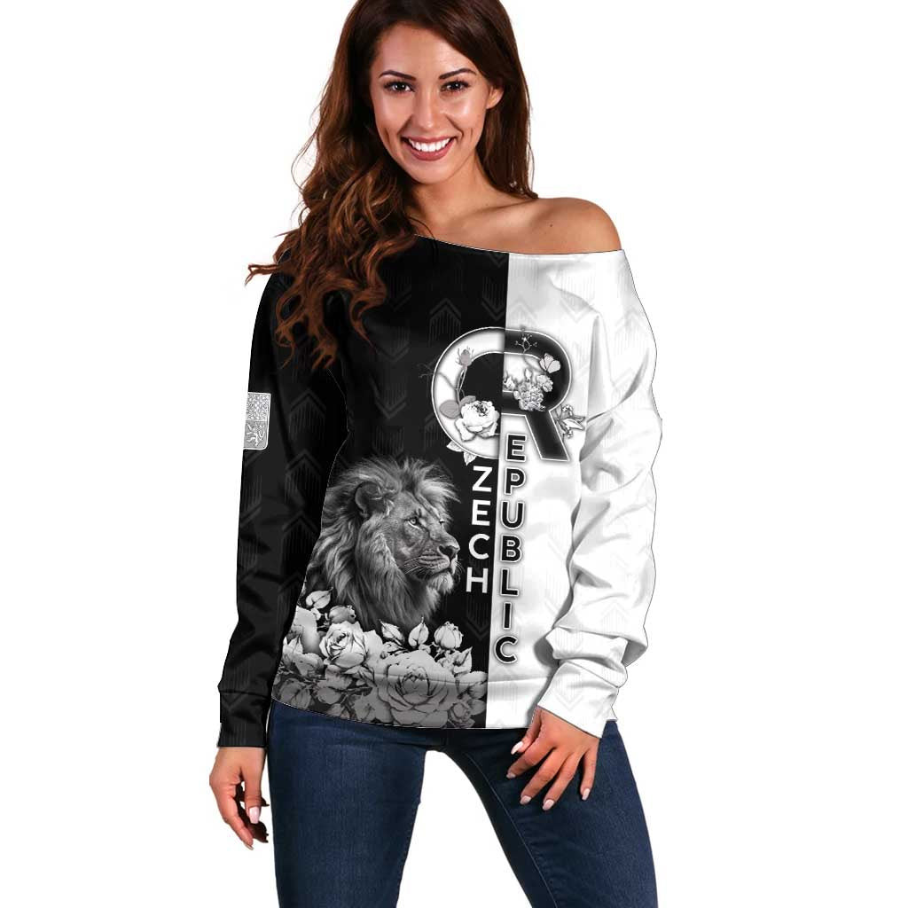 Czech Republic Off Shoulder Sweater White Lion With Rose - Wonder Print Shop
