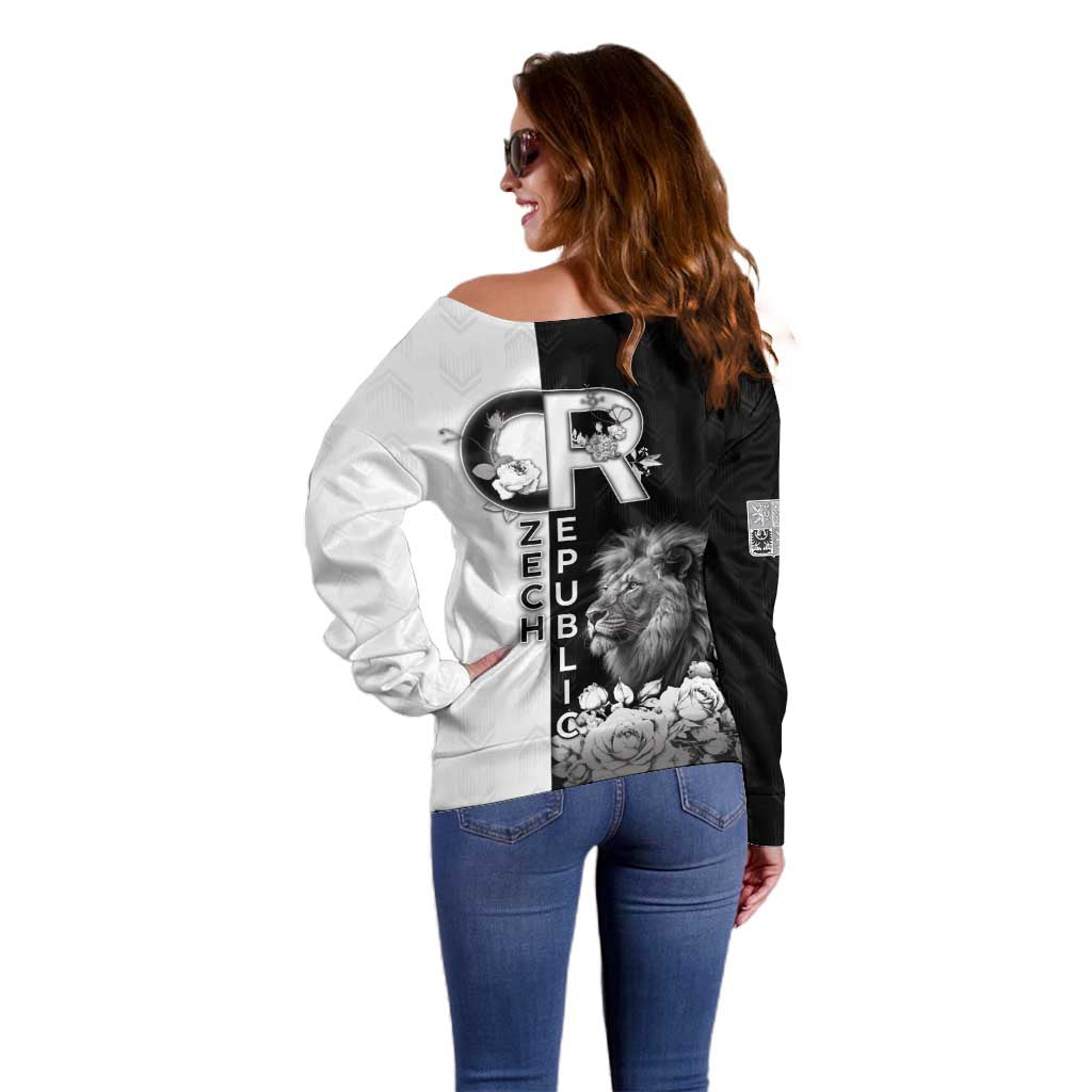 Czech Republic Off Shoulder Sweater White Lion With Rose - Wonder Print Shop