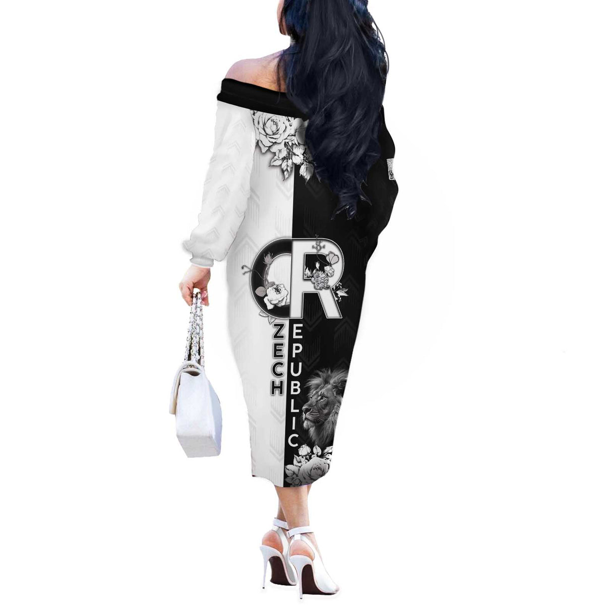 Czech Republic Off The Shoulder Long Sleeve Dress White Lion With Rose - Wonder Print Shop