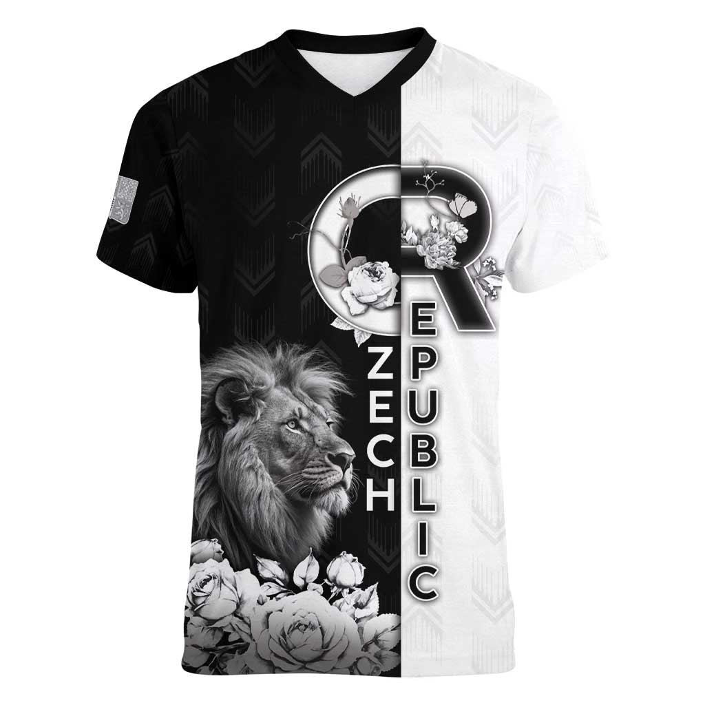 Czech Republic Women V-Neck T-Shirt White Lion With Rose - Wonder Print Shop