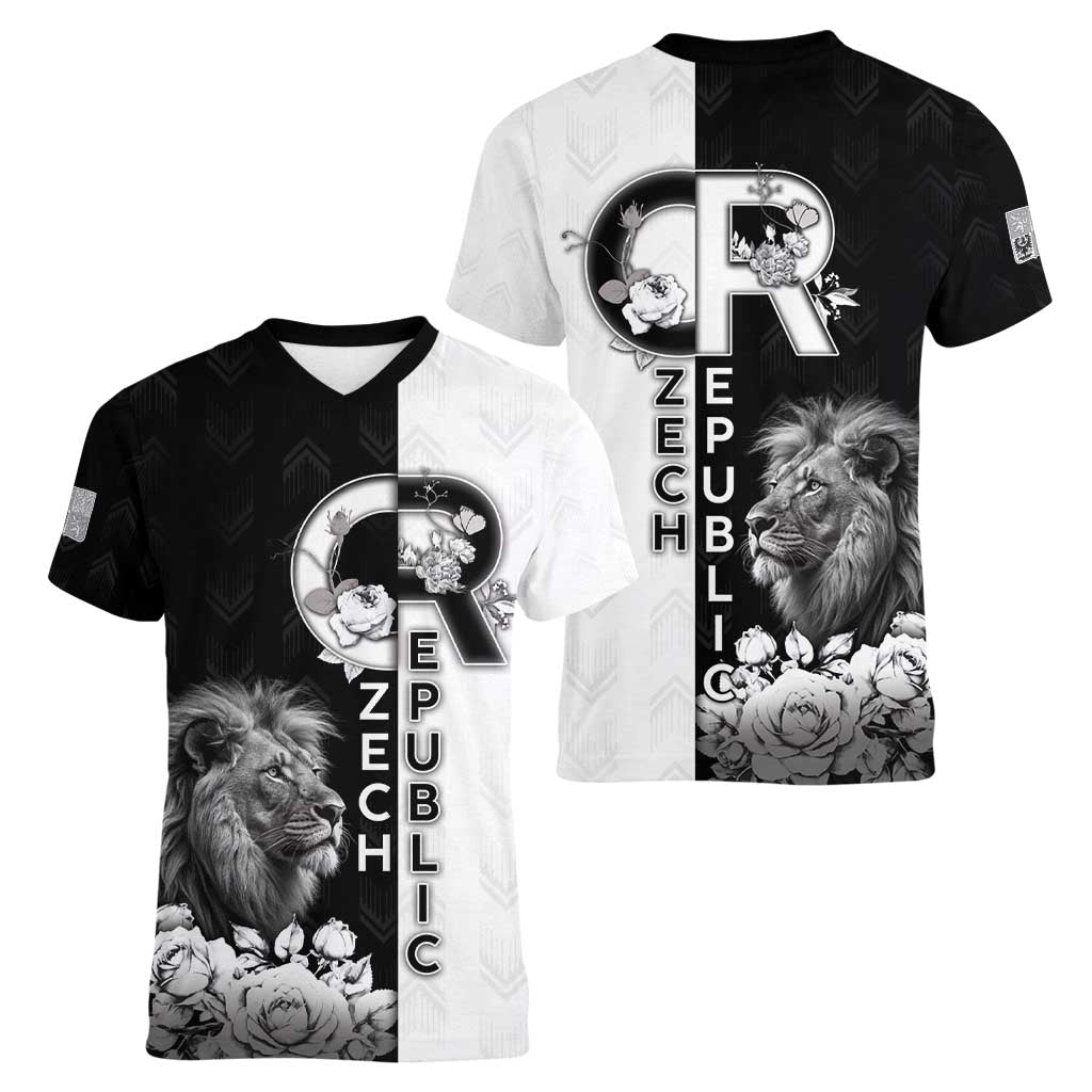 Czech Republic Women V-Neck T-Shirt White Lion With Rose - Wonder Print Shop