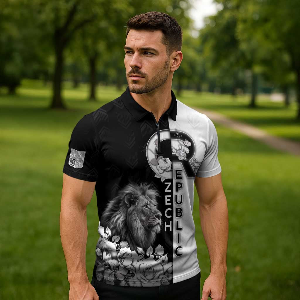 Czech Republic Zipper Polo Shirt White Lion With Rose - Wonder Print Shop