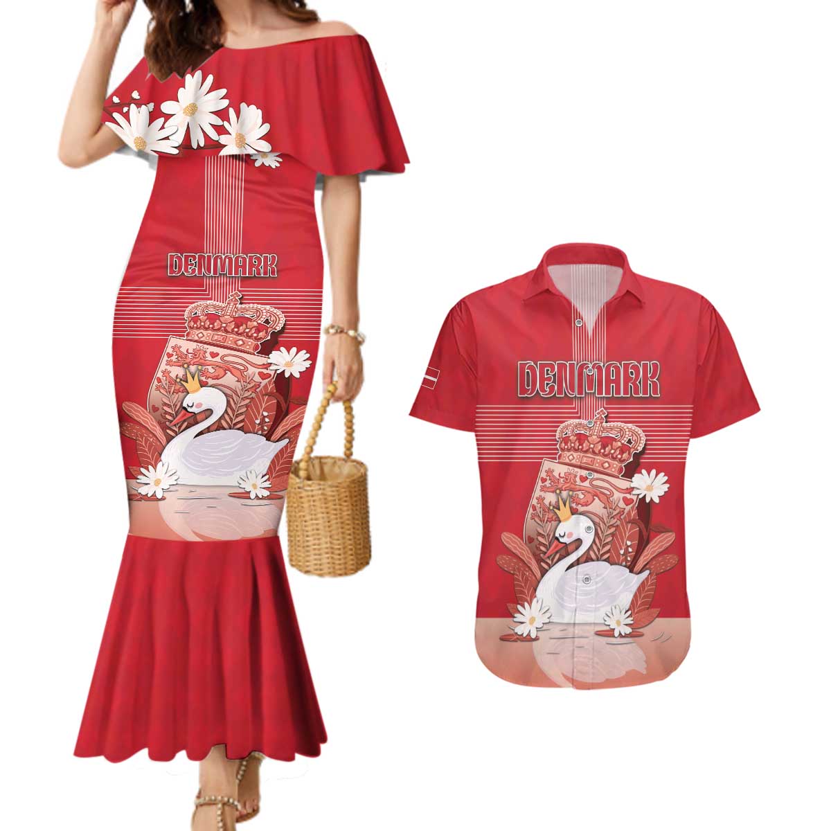 Personalized Denmark Couples Matching Mermaid Dress and Hawaiian Shirt Mute Swan With Symbol - Wonder Print Shop