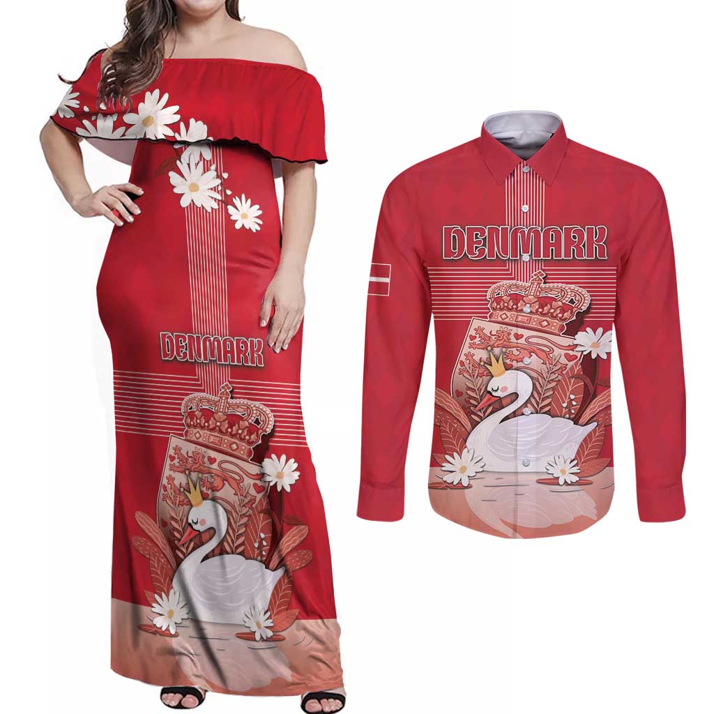 Personalized Denmark Couples Matching Off Shoulder Maxi Dress and Long Sleeve Button Shirt Mute Swan With Symbol - Wonder Print Shop