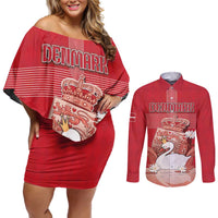 Personalized Denmark Couples Matching Off Shoulder Short Dress and Long Sleeve Button Shirt Mute Swan With Symbol - Wonder Print Shop