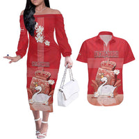 Personalized Denmark Couples Matching Off The Shoulder Long Sleeve Dress and Hawaiian Shirt Mute Swan With Symbol - Wonder Print Shop