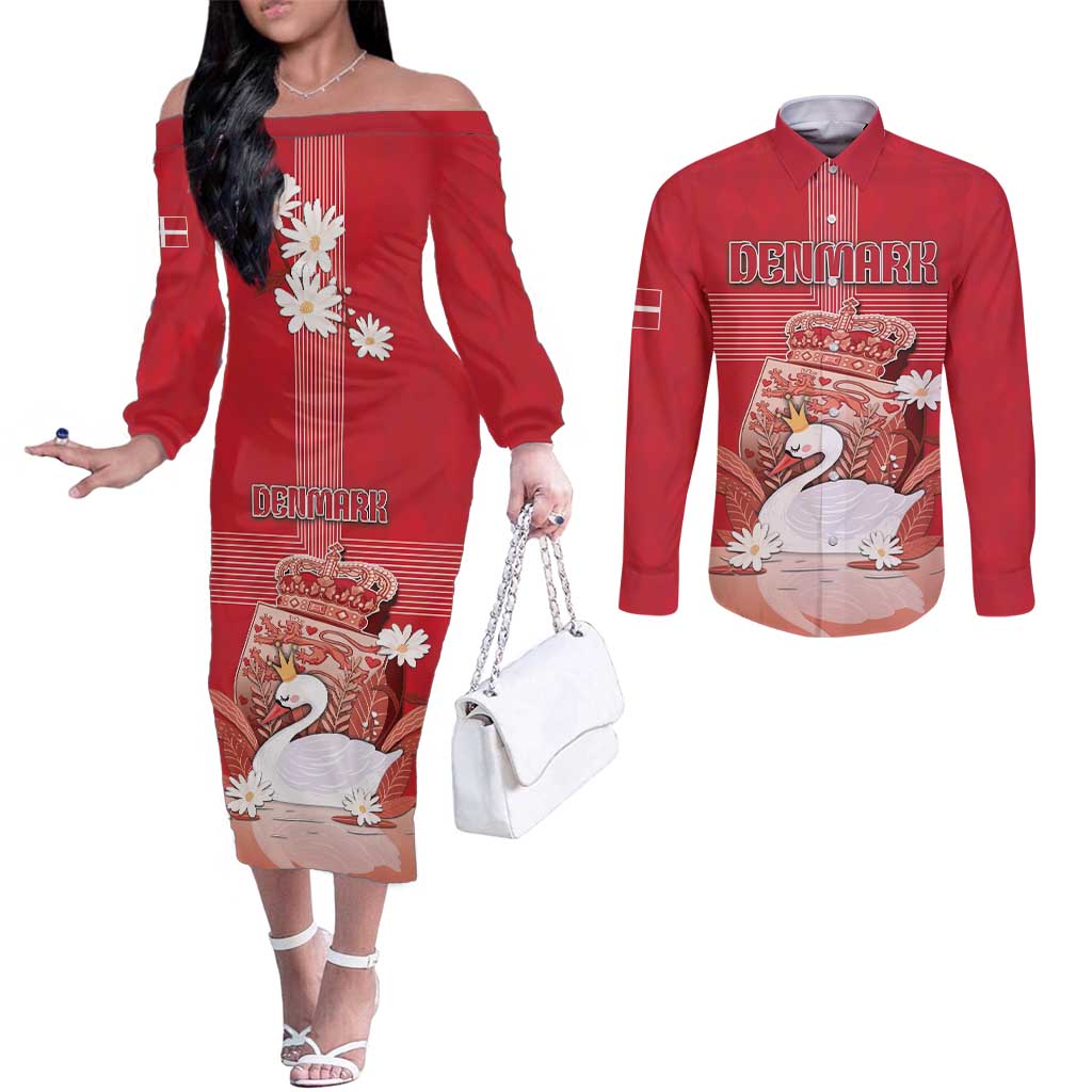 Personalized Denmark Couples Matching Off The Shoulder Long Sleeve Dress and Long Sleeve Button Shirt Mute Swan With Symbol - Wonder Print Shop