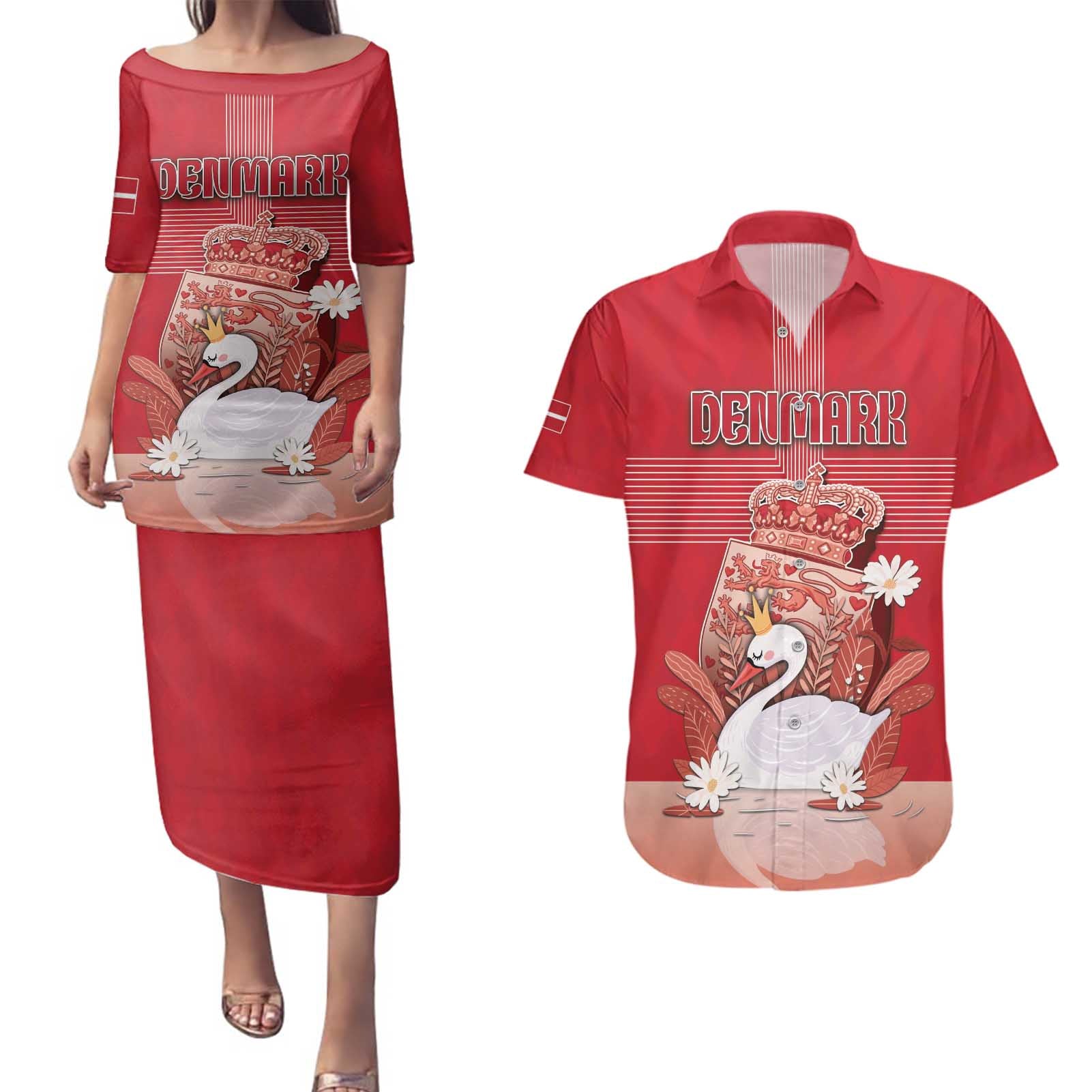 Personalized Denmark Couples Matching Puletasi and Hawaiian Shirt Mute Swan With Symbol - Wonder Print Shop