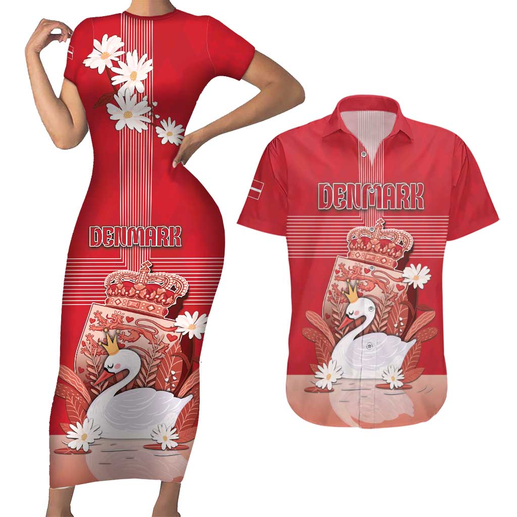 Personalized Denmark Couples Matching Short Sleeve Bodycon Dress and Hawaiian Shirt Mute Swan With Symbol - Wonder Print Shop
