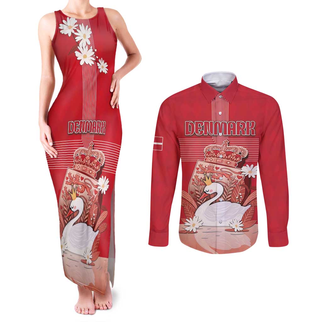 Personalized Denmark Couples Matching Tank Maxi Dress and Long Sleeve Button Shirt Mute Swan With Symbol - Wonder Print Shop