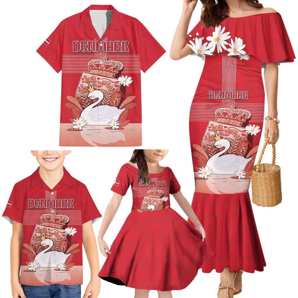 Personalized Denmark Family Matching Mermaid Dress and Hawaiian Shirt Mute Swan With Symbol - Wonder Print Shop
