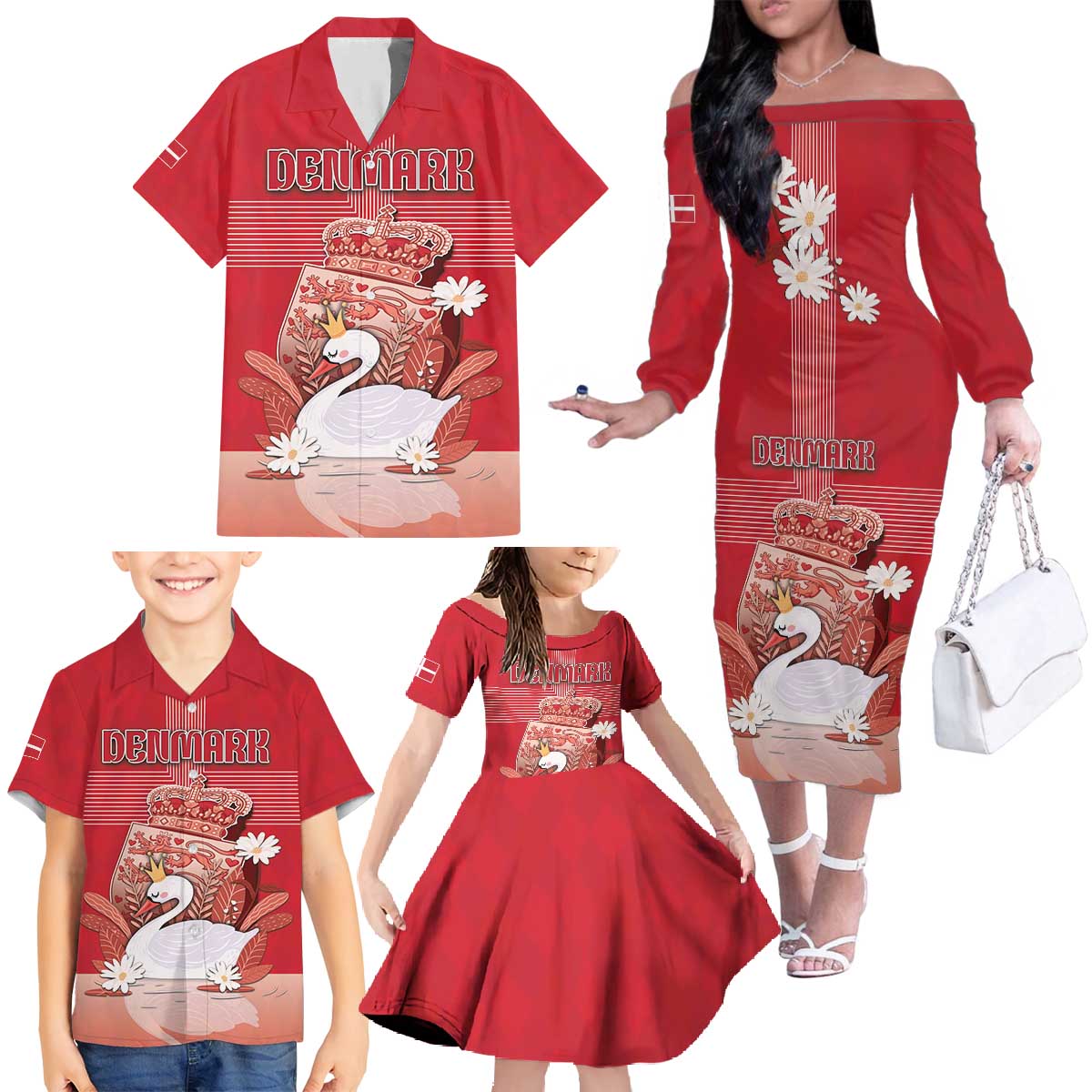Personalized Denmark Family Matching Off The Shoulder Long Sleeve Dress and Hawaiian Shirt Mute Swan With Symbol - Wonder Print Shop