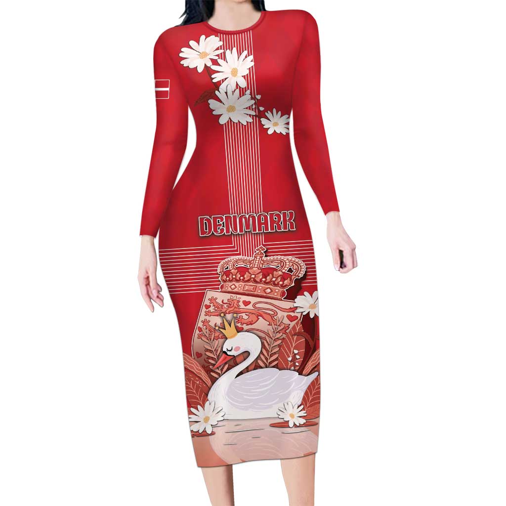 Personalized Denmark Long Sleeve Bodycon Dress Mute Swan With Symbol - Wonder Print Shop