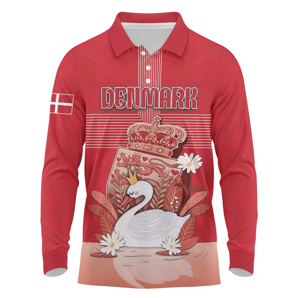 Personalized Denmark Long Sleeve Polo Shirt Mute Swan With Symbol - Wonder Print Shop