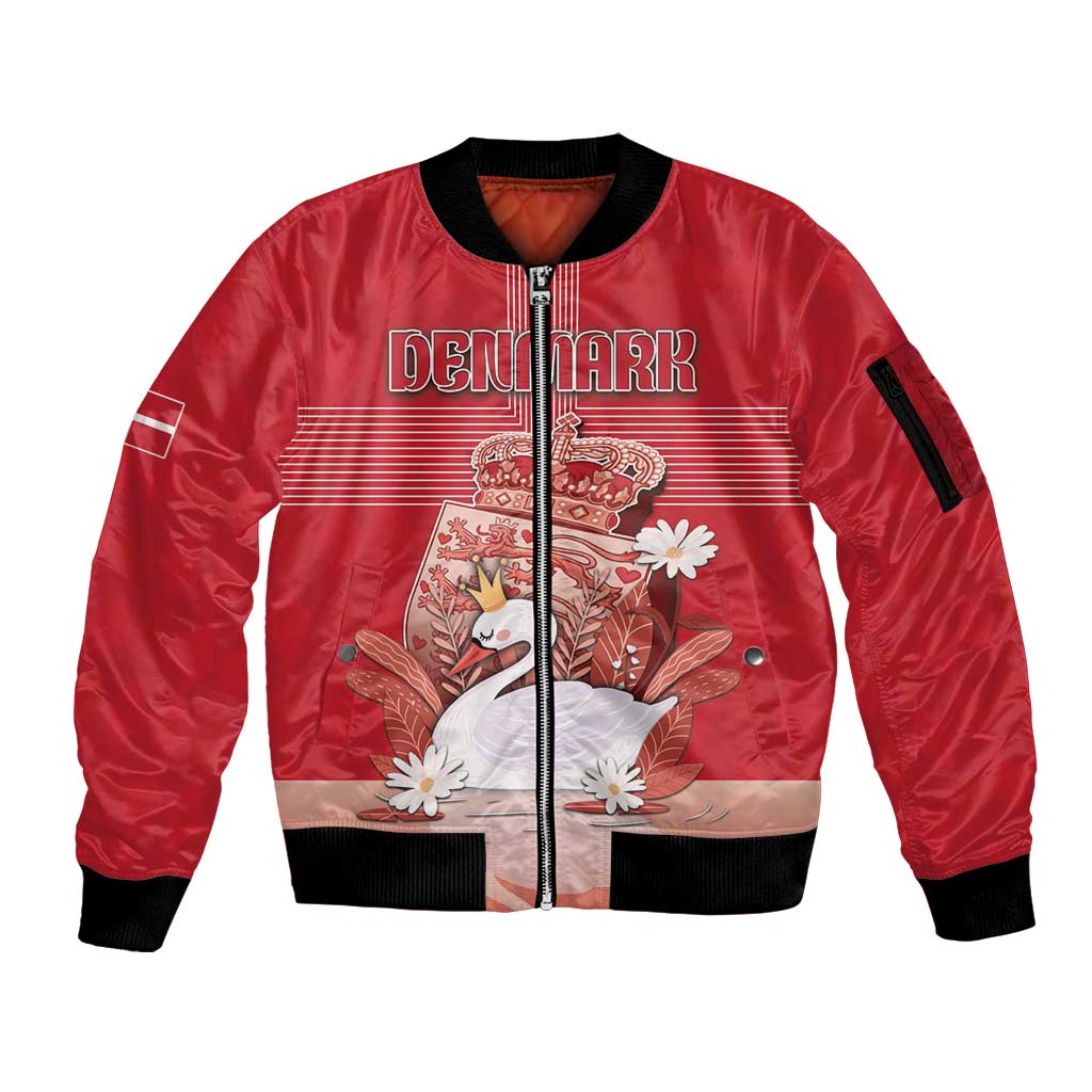 Personalized Denmark Sleeve Zip Bomber Jacket Mute Swan With Symbol - Wonder Print Shop
