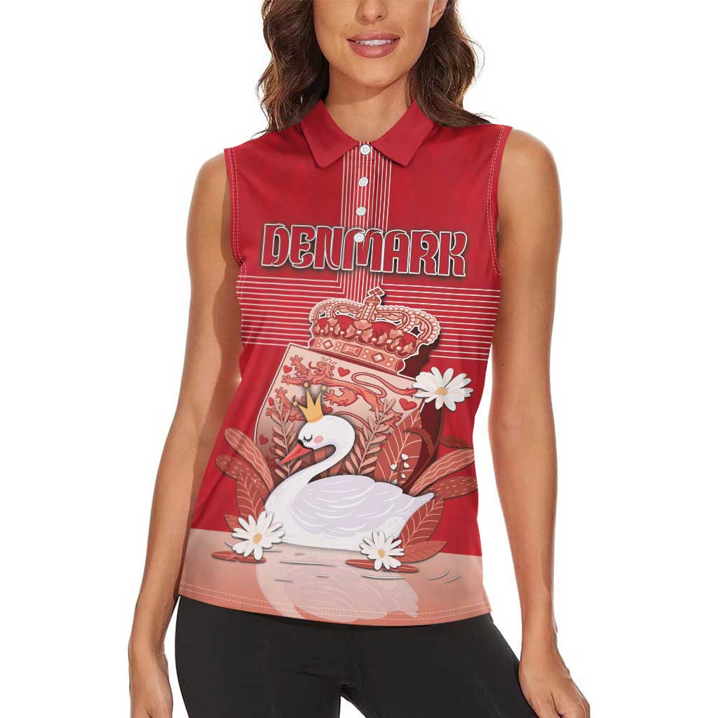 Personalized Denmark Women Sleeveless Polo Shirt Mute Swan With Symbol - Wonder Print Shop