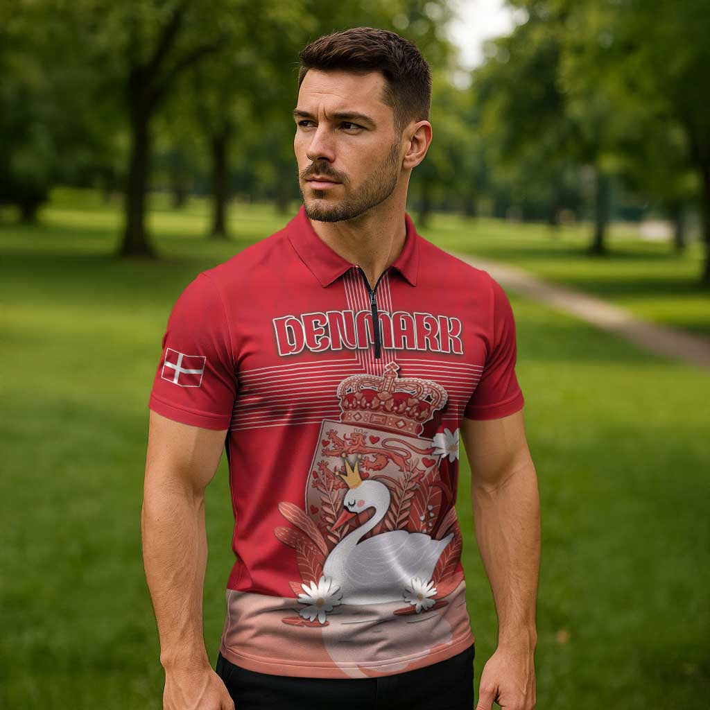 Personalized Denmark Zipper Polo Shirt Mute Swan With Symbol - Wonder Print Shop