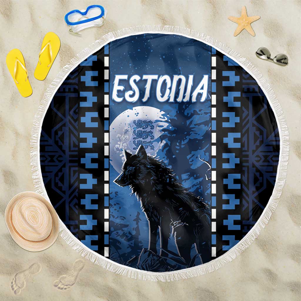 Estonia Beach Blanket Night Wolf With Pattern - Wonder Print Shop