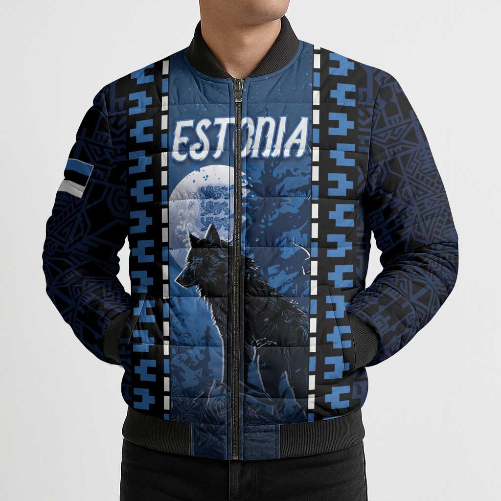 Personalized Estonia Bomber Puffer Jacket Night Wolf With Pattern - Wonder Print Shop